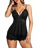 Avidlove Schlafanzug Damen Kurz Pyjama Set Spitze Camisole Sexy Nachtwäsche Lounge Dessous Sommer Zweiteiler Schlafanzugoberteile Shorts Schwarz XL