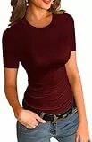 Imily Bela Damen T-Shirt Rundhals Kurzarm Sexy Shirt Sommer Basic Oberteil Slim Fit Tee Tops(Weinrot, S)
