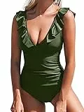 CUPSHE Damen Einteiler Badeanzug Rüschen V Ausschnitt Monokinis Bauchweg Einteiliger Bademode Swimsuit Armee Grün L