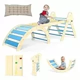 Puecrof 7-in-1 Montessori Kletterdreieck mit Kissen – Holz Kletterspielzeug für Kleinkinder 1-3 Jahre – Indoor Kletterbogen mit Rutsche, Leiter & Spielbogen (Blue)