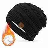 Durio Mütze Damen Winter Strickmütze Grobstrick Warme Beanie mit Innenfutter A Schwarz
