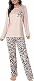 Evolyline Damen-Pyjama-Set, langärmelig, Rundhalsausschnitt, Loungewear, weites Bein, 2-teiliger Pyjama, gemütliche Nachtwäsche, leopard, S