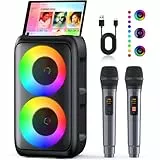 Karaoke Maschine (2025 Neueste Generation) | Karaoke Anlage mit 2 Mikrofone Bluetooth Lautsprecher | Unterstützt TV/Smartphone/iPad/TWS/AUX/USB/FM | Für Party, Geburtstag, Reisen (Schwarz)