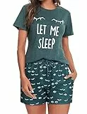 Uniexcosm Schlafanzug Damen Kurz Baumwolle Zweiteiliger Pyjama Set Kurzarm Nachtwäsche Wimperndruck Sleepwear Hausanzug Loungewear Stil 1:Dunkelgrün L