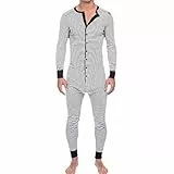 Duohropke Schlafoveralls für Herren Jumpsuit Schlafanzug Pyjama Onesie Langarm Mit Knöpfen Strampler Casual Jogger Einteiler Anzüge Gestreift Hausanzug Stretchy Unterwäsche Sport Bodysuit