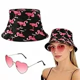 Crunier Flamingo Fischerhut, mit Herzchen Sonnenbrille, Fischerhut Sonnenhut Damen 2 in 1, Anglerhut, Faltbar Buschhut, Frauen Sommer Fischerhüte, Outdoor-Hut für Wandern Camping Urlaub