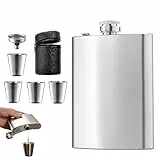Flachmann, 8Oz Edelstahl Flachmann, Flachmann Edelstahl mit Trichter und 4 kleine Tassen, Geeignet zum Tragen von Alkohol, Taschen-Flachmann für Wandern und Party (Silberfarben)