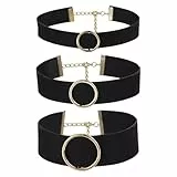 Flongo 3 Stück Choker Set für Damen: Schwarzer Samt Spitze Halsband Gold O Ring Anhänger bdsm Sexy Halskette Rundum Halsreif Gotik Punk 18mm 25mm 35mm Halloween Frauen Geschenke