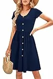 OUGES Sommerkleid Damen Kleider Kurzarm V-Ausschnitt Midi Kleid Knopfleiste Knielang Freizeitkleid mit Taschen(Marineblau395, S)