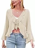 Kate Kasin Damen Chiffon Bolero Binden Vorne Lange Ärmel Rüschen V-Ausschnitt Shrug Achselzucken Strickjacke für Sommerkleider Aprikose S