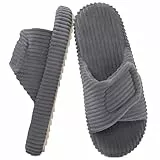 Misolin Hausschuhe Damen With Memory Foam Kordsamt Verstellbarer Klettverschluss Pantoffeln Bequeme Cord offene Zehen Slippers Indoor,Grau 275(EU41-42)