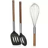 COM-FOUR® 3-teiliges Küchenhelfer-Set - Kochbesteck mit Pfannenwender, Schneebesen und Schaumlöffel - Kochutensilien mit Holzgriff