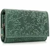ekavale Stilvolle Damen Geldbörse aus Leder mit Blumenprägung und RFID-Blockierung, langes Design mit Druckknopf (Petrol)