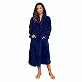 HEARTNICE Bademantel Damen Kapuze flauschiger Bademäntel Fleece Kuschel Bademantel Plüsch Morgenmantel Hausmantel (Marineblau, L/XL)