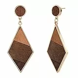 Emibele Ohrringe Damen, Ohrringe Hängend mit Geometrie-Design, Trendige Damenohrringe mit Goldbesatz, Stilvolle Diamantförmige Ohrringe aus Holz, Schmuck für Party & Verabredung, Braun