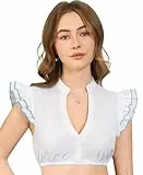 Funspread Dirndl Bluse Damen Weiß - Dirndlbluse Kurzarm DirndlBlusen V Ausschnitt Trachtenbluse Blau 42