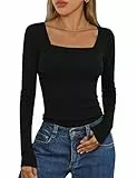 Aottori Dünne Pullover Damen Langarmshirt mit Eckigem Ausschnitt Gerippt Elegant Stretch Oberteile Slim Fit T-Shirt RIPP Einfarbig Basic Top Schwarz M