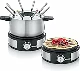 SEVERIN Fondue-Crêpes-Kombination, spülmaschinengeeignetes Fondueset mit 8 farblich markierten Gabeln, Fondue-Crêpes Maker-Kombi aus Edelstahl, schwarz, FO 2471