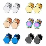 Aroncent 6 Paar Herren Runde Ohrstecker Set 8mm Edelstahl Fake Plugs Ohrringe Illusion Tunnel Ohr Cheater Piercing, Gold Schwarz Silber Rosegold Blau Bunt