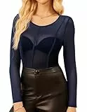 GRACE KARIN Damen Langarm Sexy Transparent Shirts Rundhals Party Netzoberteil Marineblau L