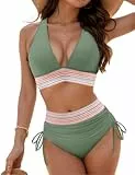Hicodbek Bikini Damen Set Sexy Badeanzug Bademode Hohe Taille Farbblock Zweiteiliger Kordelzug Badeanzüge Bikinis für Frauen (DE/NL/SE/PL, Alphanumerisch, L, Regular, Regular, Armeegrün)