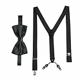Massi Morino Hosenträger mit Fliege Schwarz Set für Herren und Damen I Y-Form Träger elastisch mit extra starken Clips - 3,5cm breit - längenverstellbar I Vorgebundener Schlips für Anzug