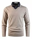 KTWOLEN Herren Pullover mit Hemdkragen 2 in 1 Winter Warm Strickpullover mit V-Ausschnitt Freizeit Mock Hemd Feinstrick Pullover Winterpullover Strick-Pulli Langarmshirt, Beige, L