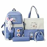 Myyunhx Rucksack für Mädchen Set von 5 Leinwand Schulmädchen Rucksack Kawaii versammelte Rucksack mit Plüsch Kaninchenanhänger und Cartoon Aufkleber Kinder Plüsch Rucksack für Teen Mädchen (Blau)