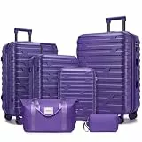 LARVENDER Kofferset 6 Teilig Hartschale Leicht ABS Erweiterbar Reisekoffer Haltbar Handgepäck Sets 4 Rollen TSA-Schloss mit 1 Reisetasche und 1 Kulturtasche, Traubenpurpur