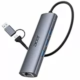 acer USB C/A Ethernet Adapter Hub mit 3*USB-A 5Gbps und 1000Mbps LAN Adapter, Treiberfrei, Aluminium, USB3.0 Netzwerkadapter für PC, Laptop, MacBook/iPad Pro, iPhone 15~17, macOS, Windows, Linux usw.
