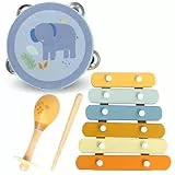 Mamabrum Kinder Musikinstrumente-Set - Holz Trommel, Maracas, Xylophon mit Elefanten-Motiv - Pädagogisches Spielzeug für Manuelle Entwicklung - ab 18 Monate (5 Teile)