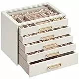 SONGMICS Schmuckkästchen, Schmuckkasten mit 5 Ebenen, Schmuckbox mit Glasdeckel, Schmuckaufbewahrung 5 Schubladen, geräumig, modern, Geschenkidee, 17,2 x 24 x 18,4 cm, cremeweiß JBC205WD01