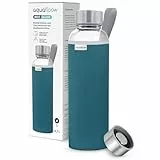 Aquafloow Wasserflasche aus Glas 700 ml mit Neoprenhülle, Transparente trinkflasche Glas mit Bambusdeckel | Ideal flasche für Büro, Outdoor, Schule, für Kohlensäurehaltige Getränke – Dunkelblau