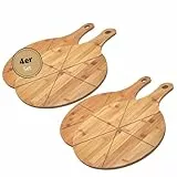 hausleben Pizzabrett 33 cm Bambus 4er Set – Rundes Schneidebrett mit Griff und Schneiderillen – Holz Pizzateller für Flammkuchen, Holzteller Servierbrett für Pizza, Leicht zu Reinigen