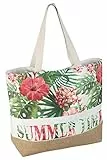 Idena 31018 - Strandtasche aus Canvas, Summer Time mit floralem Muster, ca. 52 x 38 x 13 cm, ideal als Shopper, Schultertasche, für Urlaub, Strand und Picknick