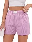 Uniexcosm Damen Schlafanzughose Baumwolle Sommer Gestreifte Freizeithose Kurz mit Taschen, Lockere A-Linie Pyjamahose für Strand, Urlaub und Alltag Rosa-1 L