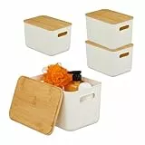 Relaxdays Aufbewahrungsbox, 4er Set, mit Deckel, Kunststoff & Bambus, mit Griffen, Organizer, HBT: 16x26x17,5 cm, weiß