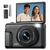 Digitalkamera 4K Fotokamera 64MP Kamera: Vlogging Fotoapparat für Videos mit 3' Klapp-Bildschirm Tragbare Batterie Kompaktkamera mit 16X Digitalzoom 32GB Karte für Kinder Anfänger Studenten Schwarz