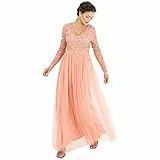 Maya Deluxe Damen Womens Ladies Dress Long Sleeve for Wedding Guest V Neck High Empire Waist Maxi Long Length Evening Bridesmaid Prom Kleid, apricot,
