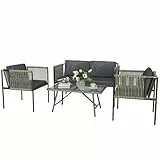 Outsunny Gartenmöbel Set aus Polyrattan Lounge-Set mit 2er Sofa Sessel Glastisch Kissen wetterfest Balkonmöbel für 4 Personen Outdoor Sitzgruppe Terrassenmöbel für Garten Balkon Grau