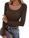 Aottori Langarmshirt Damen Rundhals Pullover Stretch Langarm Oberteile Sexy Tshirts Casual Basic Tops Braun S