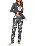 Demegimi Damen Schlafanzug Lang Baumwolle Pyjama Zweiteiler mit Eule Langarm Nachtwäsche Schlafanzug Damen für Herbst und Winter