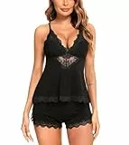 RSLOVE Sexy Kurze Schlafanzüge für Damen - Pyjama Set Spitzen Nachtwäsche Camisole und Shorts Schwarz M