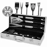 LEHMANN BBQ Grillbesteck Set, 5-teilig Edelstahl Grillzubehör mit Grillzange, Grillwender, Grillgabel, Grillbürste und Silikonpinsel, Tragbar Grillset im Koffer, Grillkoffer für Grillen & Kochen