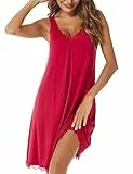 Uniexcosm Nachthemd Damen Ärmelloses Kurz Baumwolle Nachtkleid Spitze V-Ausschnitt Nachtwäsche Sexy rutschfeste Schultergurte Freizeitkleid Sleepwear Weinrot M