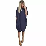 T-Shirt Kleid Damen Oversize Langarm Einfarbig Rundhals Tunika Kleid Große Größe S-6XL Blusenkleid Lässig Locker Midikleid Knielang Sweatshirt Freizeitkleid Shirtkleid Mit Taschen (A4-Navy, XL)