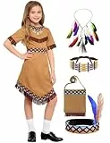 Mrsclaus Indianer Kostüm Kinder Mädchen Indianer Prinzessin Cosplay Outfit mit Kopfschmuck Feder Stirnband Karneval Kostüm Kleid Fasching Halloween Party C047S