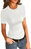 Imily Bela Damen T-Shirt Rundhals Kurzarm Sexy Shirt Sommer Basic Oberteil Slim Fit Tee Tops(Weiß, S)