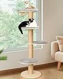 FUKUMARU Kratzbaum, 5 Etagen Kratzbaum mit geräumigen Plüsch Bett, vielseitig Fenster oder Wand Mount Kletterturm, mit 12cm dicken Kratzsäule Katzenbaum zum Schlafen, Kratzen und beobachten，grau