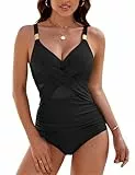 Svanco Badeanzug Damen Bauchweg Shaping Bademode Wickeloptik V Ausschnitt Cut Out Sexy Mesh Badeanzüge mit Cups